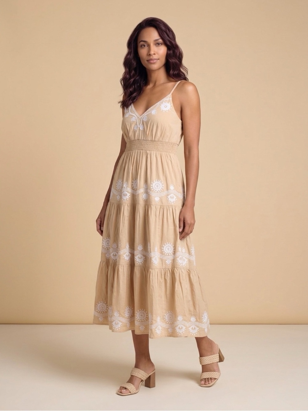 Lilly Pulitzer Beige Embroidered Tiered Midi Dress.